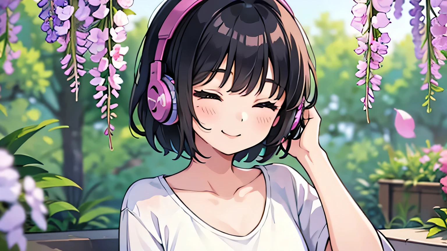 1girl, solo, gentle smile on her face flat chest, short hair, black hair, upper body, ((masterpiece, illustration, best quality)) ((best quality)), ((masterpiece)), (detailed), perfect face, sitting under the japanese Wisteria, listening to music, One woman, wearing headphones, eyes closed, wearing a white t shirt