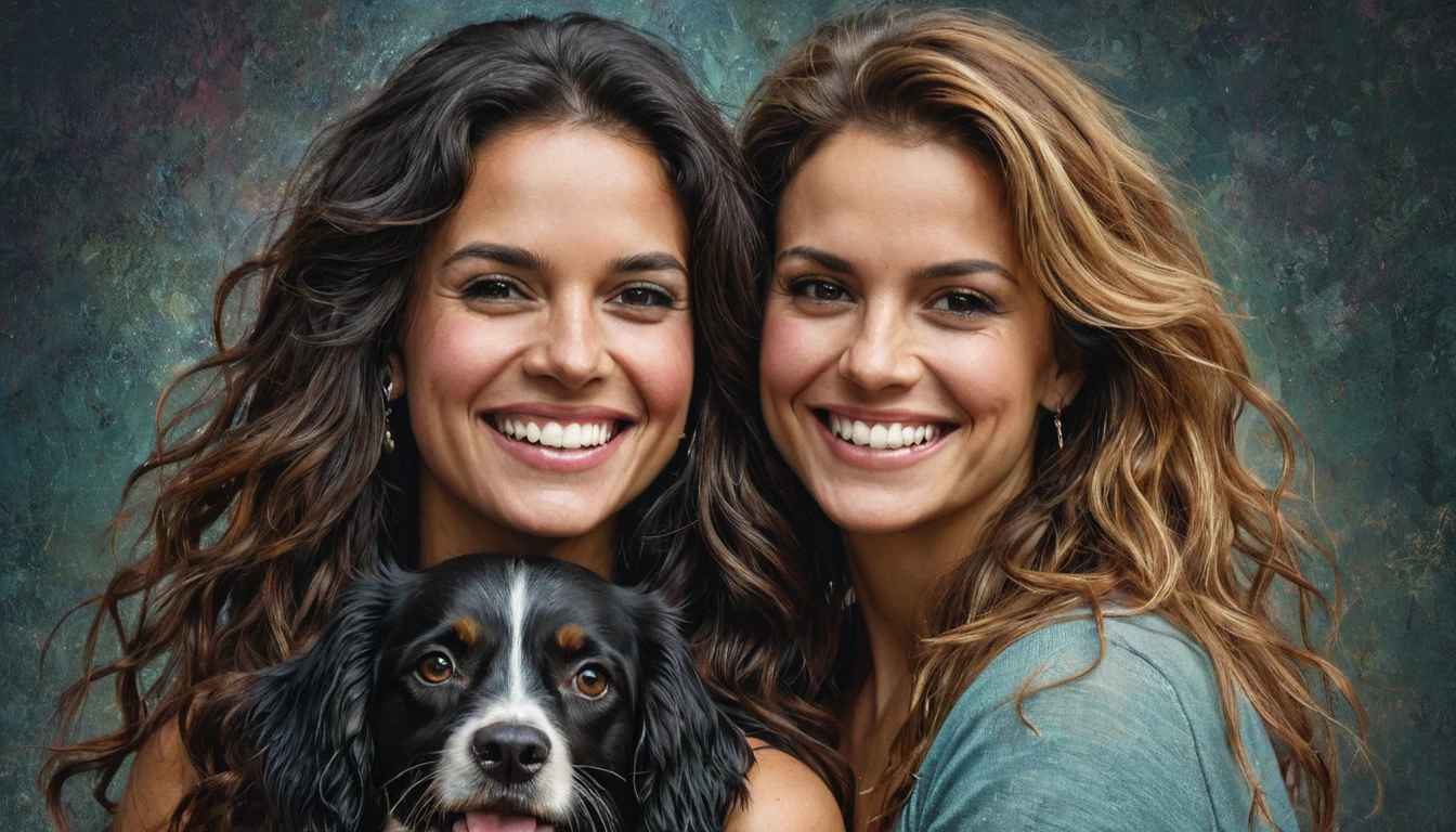 half body,
a woman smile with her best friend her Spaniel bretón dog,
dark complex background, style by Thomas Kinkade+David A. Hardy+Carne Griffiths+Mandy Disher half vivid colors fine art, best quality, high detailed, detailed faces, 2d,