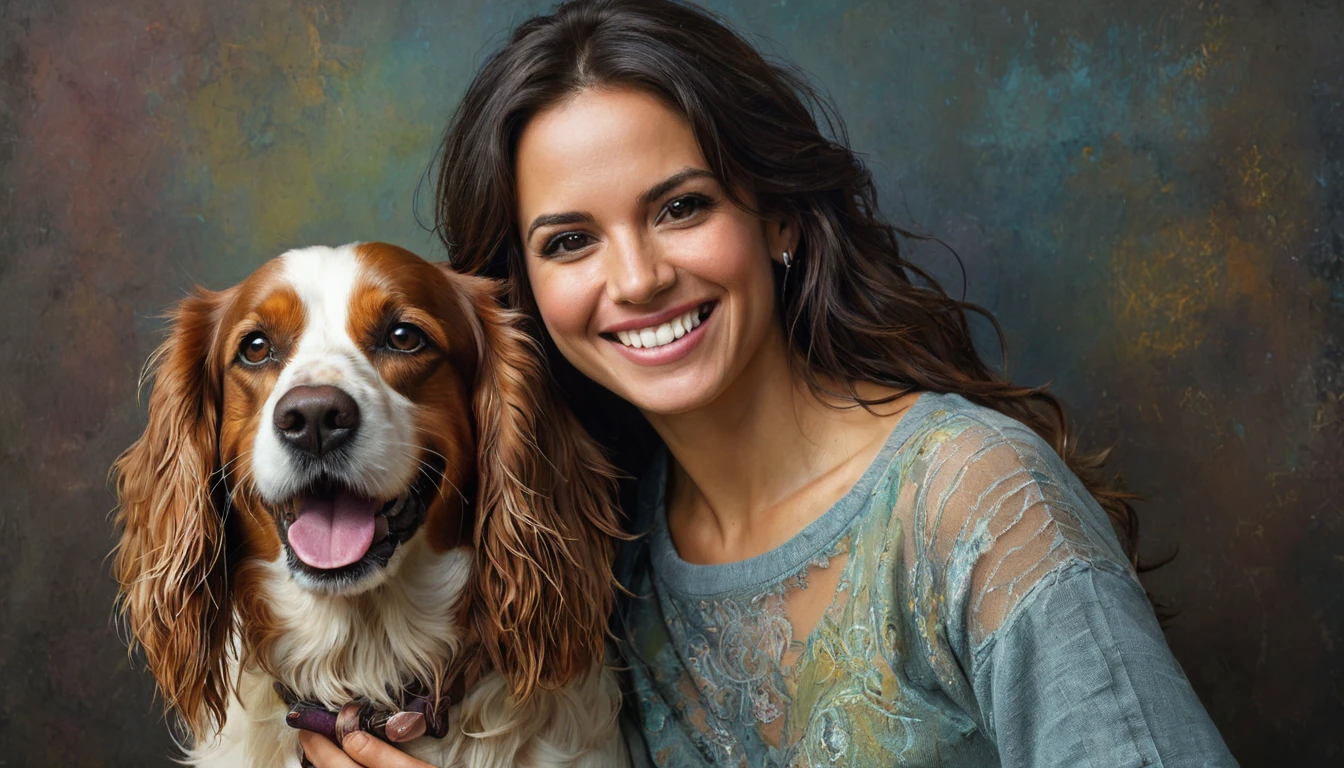 half body,
a woman smile with her best friend her Spaniel bretón dog,
dark complex background, style by Thomas Kinkade+David A. Hardy+Carne Griffiths+Mandy Disher half vivid colors fine art, best quality, high detailed, detailed faces, 2d,