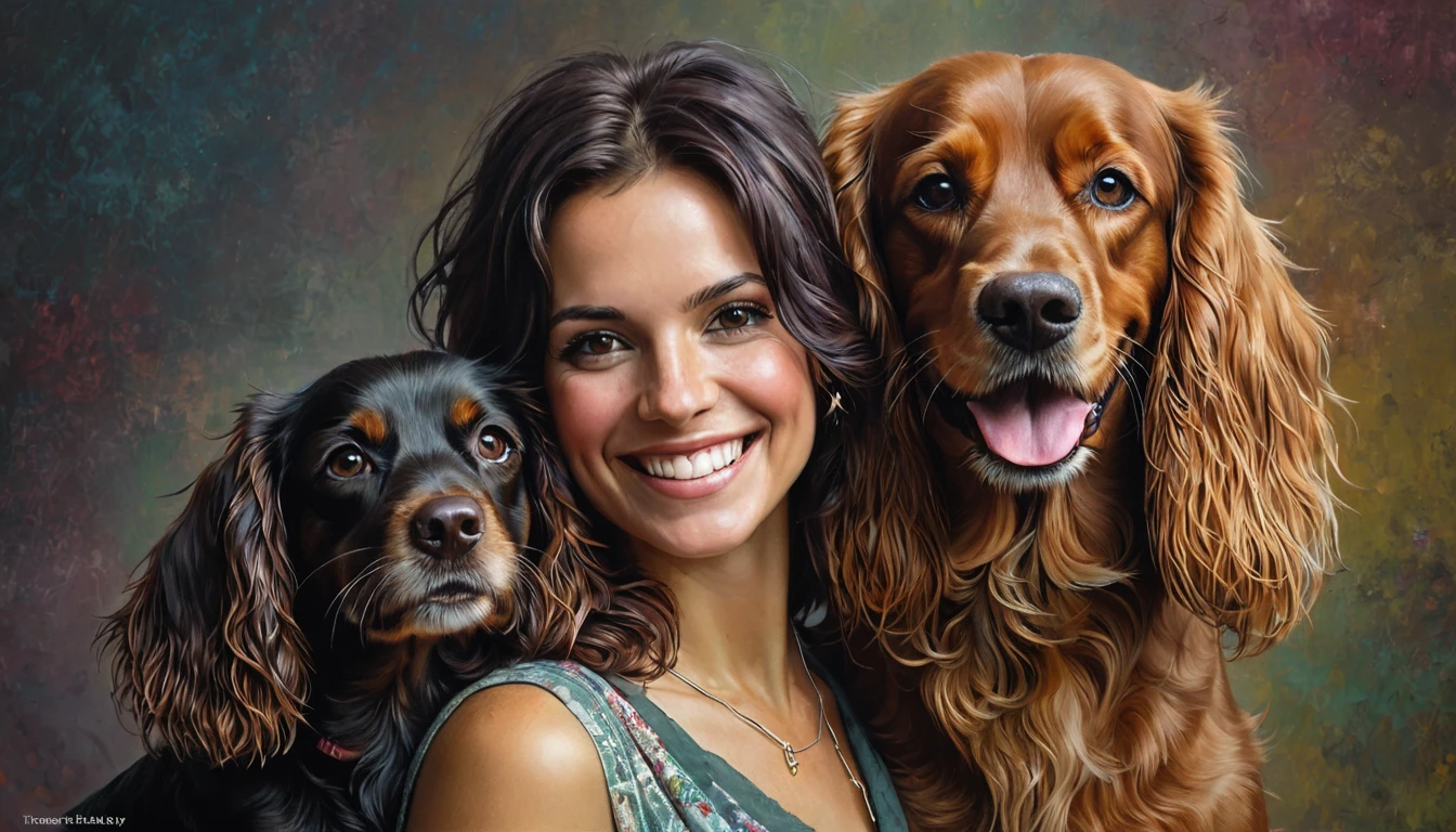 half  body,
a woman smile  with her best friend her Spaniel bretón dog,
dark complex background, style by Thomas Kinkade+David A. Hardy+Carne Griffiths+Mandy Disher half vivid colors fine art, best quality, high detailed, detailed faces, 2d,