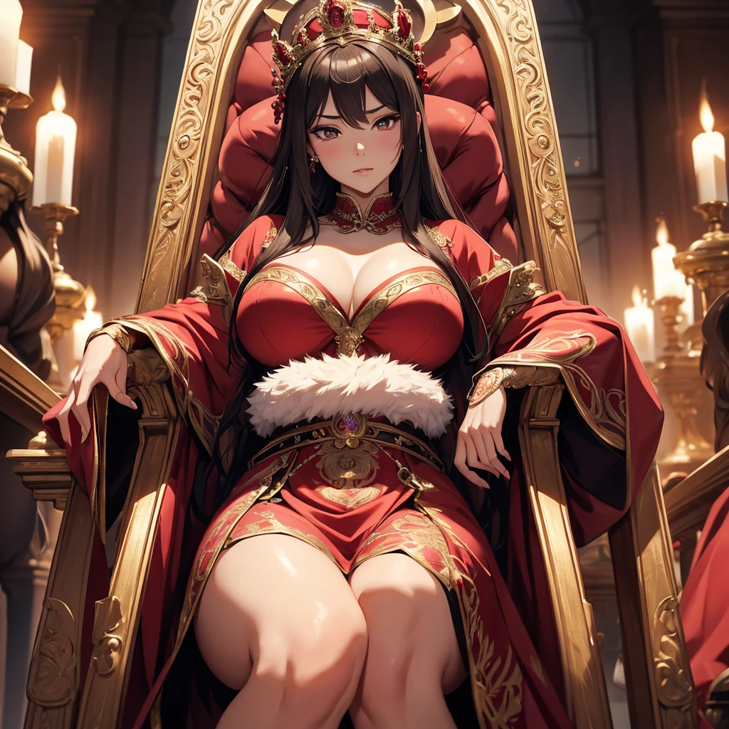 a woman with exaggerated large breasts, confident sitting on a throne, wearing a gorgeous red dress, a large ornate crown on her head, looking down at the viewer, detailed facial features, hyper-realistic, 8k, ultra-detailed, photorealistic, masterpiece, dramatic lighting, cinematic, oil painting、She is a Japanese woman、She is protected by the knights.