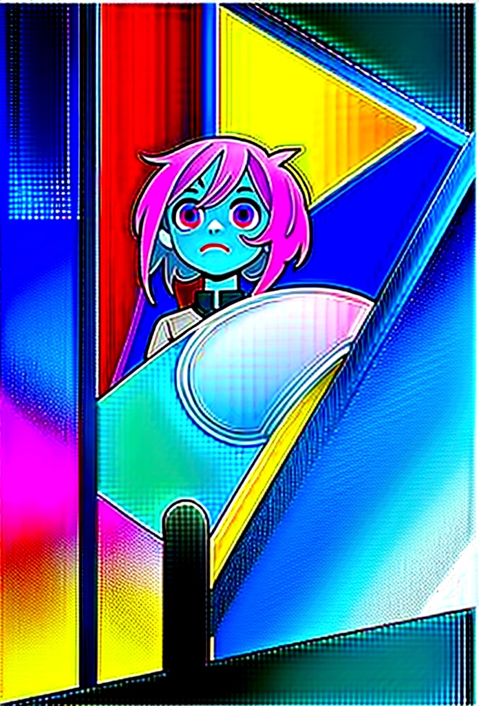 A girl, kinda sad face, Looking at a window, rainy daytime, dark colours, image of the upper part of the body only, awkward clothes, shorth hair, mess (high qualiy)