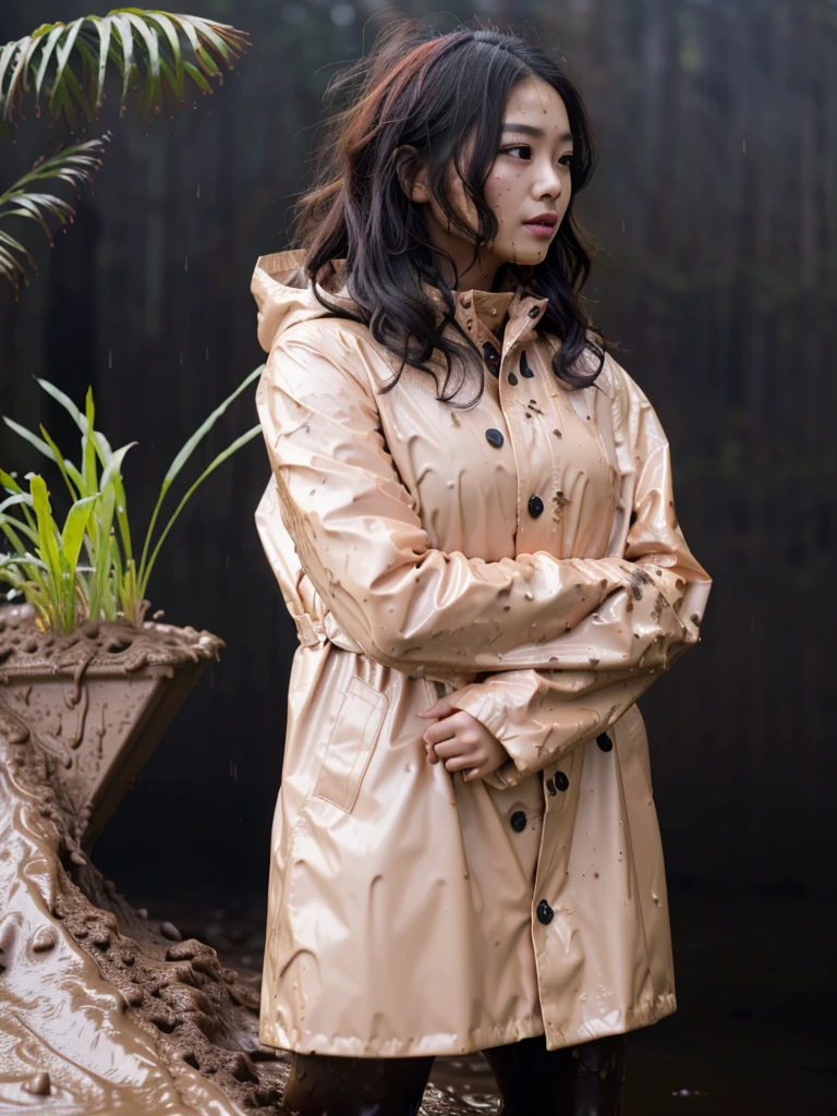 a beautiful young asian woman wearing a pink buttoned raincoat, her clothes and raincoat covered in mud, walking through a muddy field, (best quality,4k,8k,highres,masterpiece:1.2),ultra-detailed,(realistic,photorealistic,photo-realistic:1.37),HDR,UHD,studio lighting,ultra-fine painting,sharp focus,physically-based rendering,extreme detail description,professional,vivid colors,bokeh,portrait,realistic,photographic,natural lighting,muddy environment,rainy day