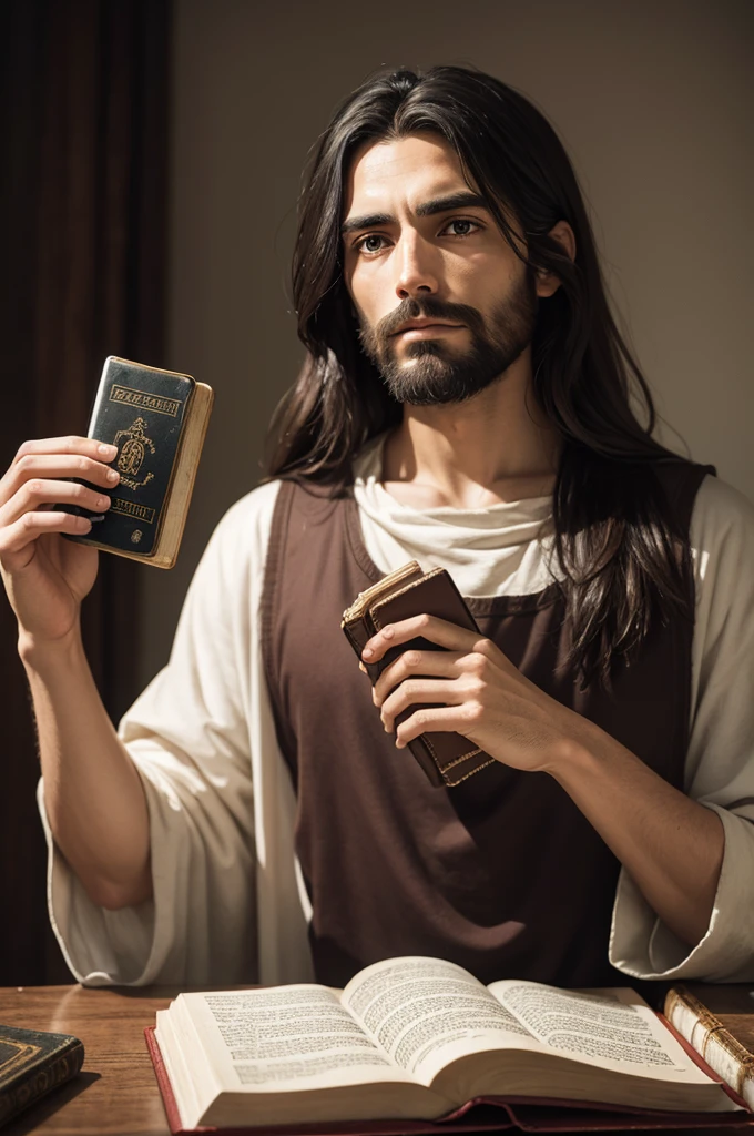 Jesus facing the camera with the Bible in his hand