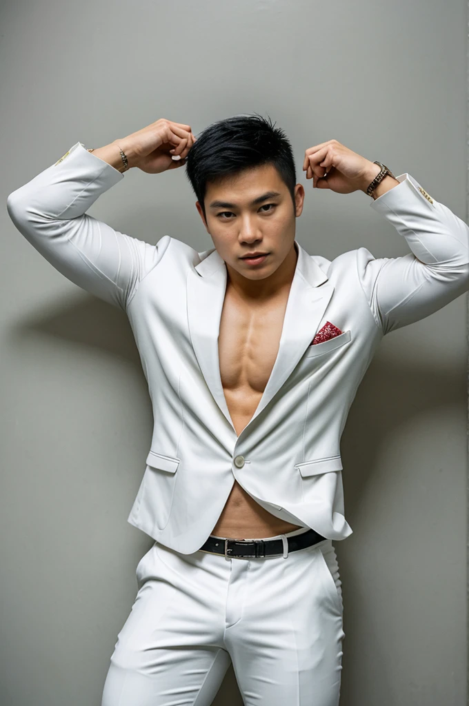 25 year old muscular Asian man, The face looks like that of an Indonesian artist., Bold and cool, wearing a white suit, chest visible, Wear black trousers., ((in wonderland)), Pose, Photo model, Very high quality, Very high resolution,