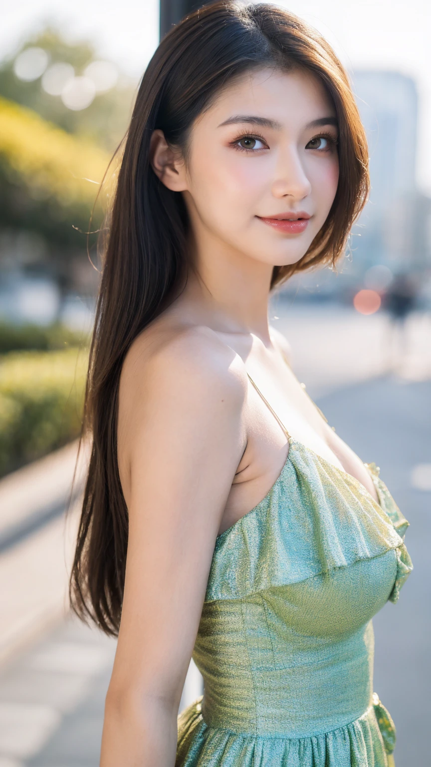 ((Best quality, 8K, masterpiece:1.3))，1girl，18 years old，Asian，Real texture:1.3，(Background blur:1.1)，Gorgeous long dress，Tall and slender figure:1.2，(Hot summer weather)，（street:1.3），Highly detailed face and skin textures，Exquisite eyes，Long eyelashes，Double eyelids，Skin Whitening，happy，Various postures，Big breasts