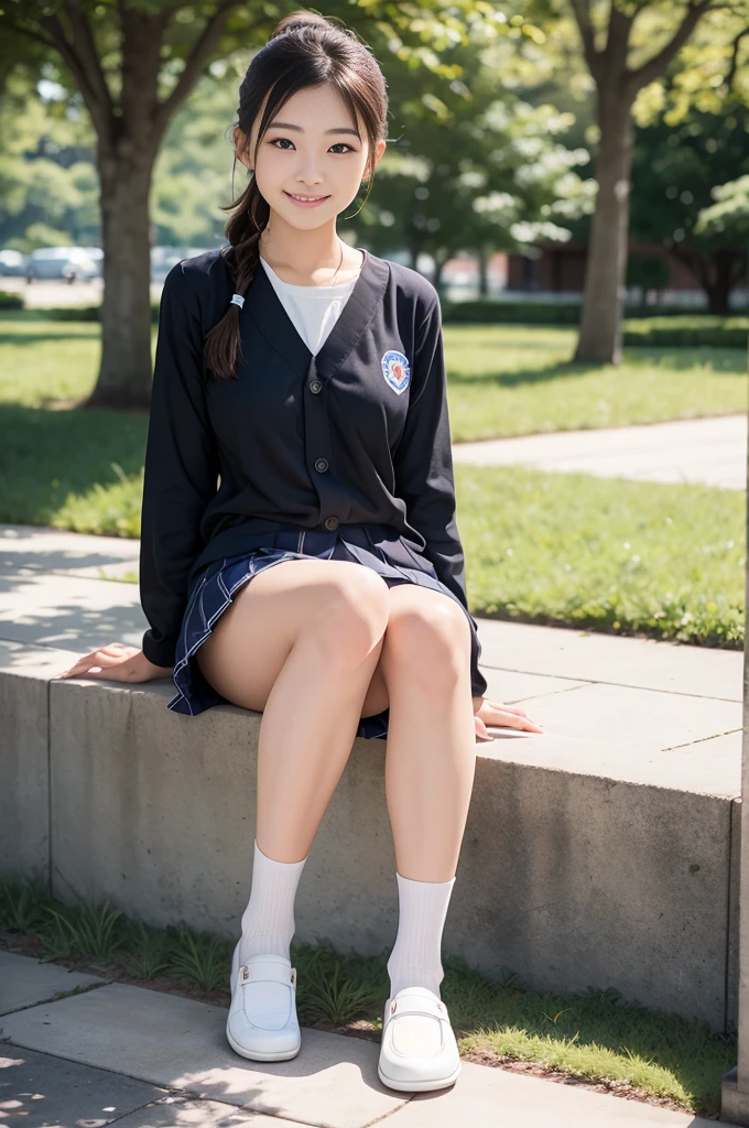Pure Japanese school girl, sexual attractive, sweet temptation, outstanding body, beautiful legs, wearing loose uniform, high socks, loafers, (panty), natural ponytail, sweet smile, sitting, refreshing in early summer, park, professional portrait photography, composition from the front,