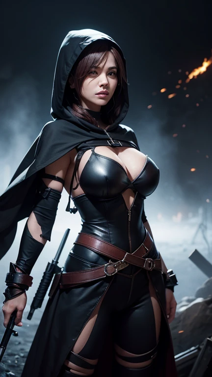 A female character in a hooded assassin's attire, standing confidently amidst a chaotic backdrop that suggests a scene of conflict or war. The character exudes a poised and determined demeanor, She wields a flaming weapon in her right hand and a hidden blade ready on her left forearm, invoking a sense of preparedness and stealth ,medium long shot ,fog ,black forest background