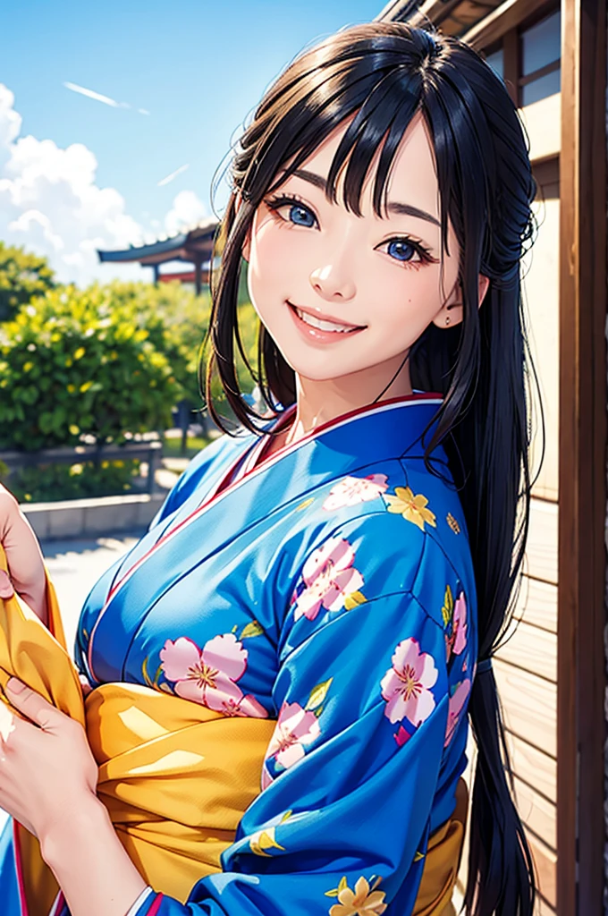 A beautiful smiling woman in a kimono greets people with a cheerful "Good morning" as her arms open under the blue sky