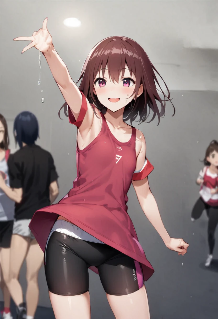 At the gym、exercise、Fitness、spats、training、Showing panties、Girl、Girl、Short、Younger、Lower school year、Baby Face、Both eyes open、flat chest、refreshing、fine、Innocence、smile、Dynamic Angle、Sweat、sports、Equipment、Wearing clothes、Dynamic Pose、There are a few people behind