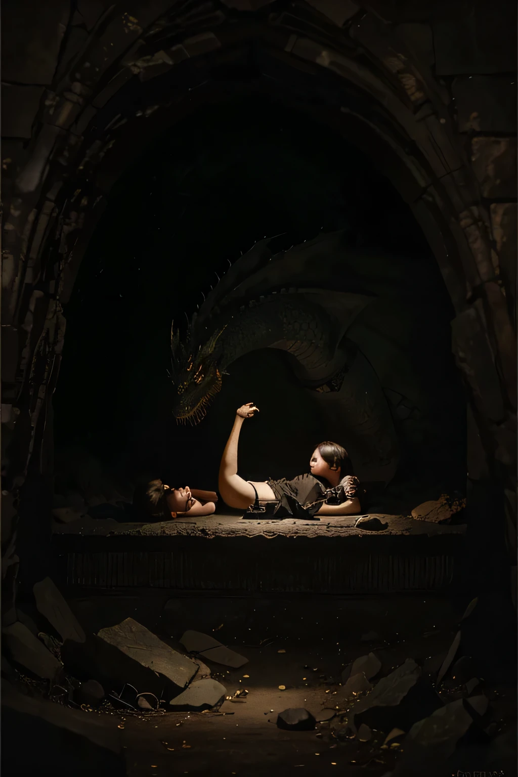 A gothic painting of a dragon laying on a dark cave, and 2 little kids crawl inside while the dragon sleeps