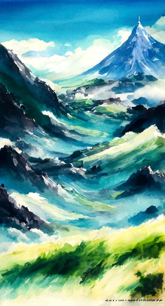 A sacred mountain,Blue, green and white,Fall,landscape,The back of the warrior,Anime style