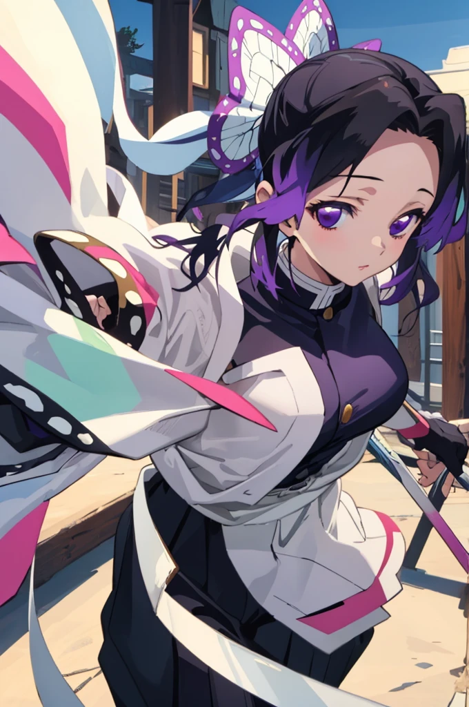 (masterpiece:1.3), (best quality:1.1), (8k, ultra detailed, ultra high res:1.2), ((anime style)), perfect 5 fingers, perfect anatomy, 
1girl,
Shinobu Kochou, 
BREAK long hair, 
black hair, hair intakes, gradient hair, 
purple eyes, bow in hair,
(large breasts:0.9),  
BREAK black shirt, black tethered pants, white haori, looking at viewer, 
BREAK cowboy shot, perfect light, outdoors, city, 