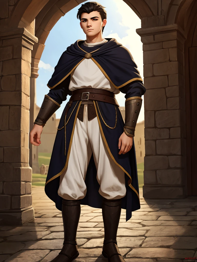 18 year old young man, medieval clothing, black hair, black eyes, white skin, realistic skin, standing pose