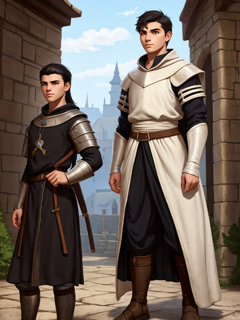 18 year old young man, medieval clothing, black hair, black eyes, white skin, realistic skin, standing pose