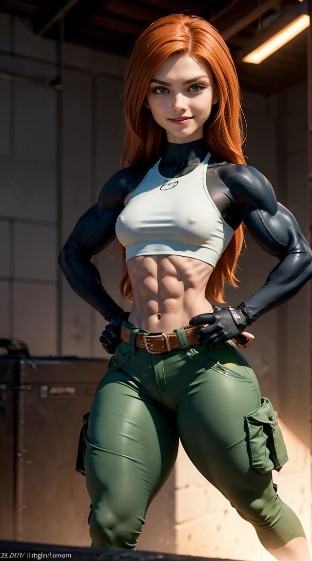 (Muscular:2.1), (thick thighs:2.1),
(long hair:1.3) orange-red hair, green eyes, confident expression, pale skin,
eyeshadow,
detailed eyes, (cheeky smirk:1.6), detailed skin,
small breasts, hard nipples,
(black crop top, black gloves, brown belt, long sleeves:1.3), (green cargo pants:1.5),
(upper body view:1.7), looking at viewer, (three quarter view:1.3),
(high tech room), rim lighting, two tone lighting, dimly lit, bokeh