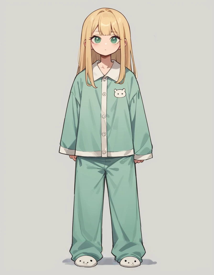 A beautiful, extremely detailed and dynamic girl with stinking green eyes, and Medium-long blonde hair with bangs, grinning, wearing a pajama, standing against a simple, plain white background with thick outlines, full body portrait, facing forward, looks like she's playing a game, wearing white bear slippers