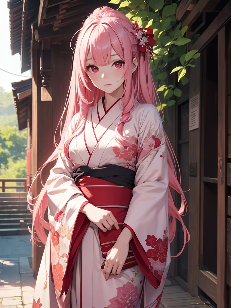 (8K, Best Quality, Masterpiece, Ultra High Resolution) 1 Girl, Beautiful Eyes, Face Details, Long Pink Hair, Tied Up Hair, Red Eyes, Pale Skin, Wearing Red Kimono, Pink Details, Standing Outside, Best Quality, Upper Body, Looking at the Viewer, Facing Viewer, Close Up