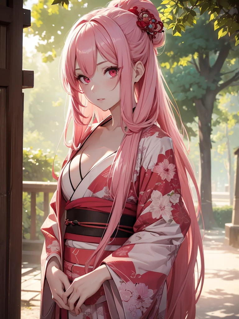 (8K, Best Quality, Masterpiece, Ultra High Resolution) 1 Girl, Beautiful Eyes, Face Details, Long Pink Hair, Tied Up Hair, Red Eyes, Pale Skin, Wearing Red Kimono, Pink Details, Standing Outside, Best Quality, Upper Body, Looking at the Viewer, Facing Viewer, Close Up