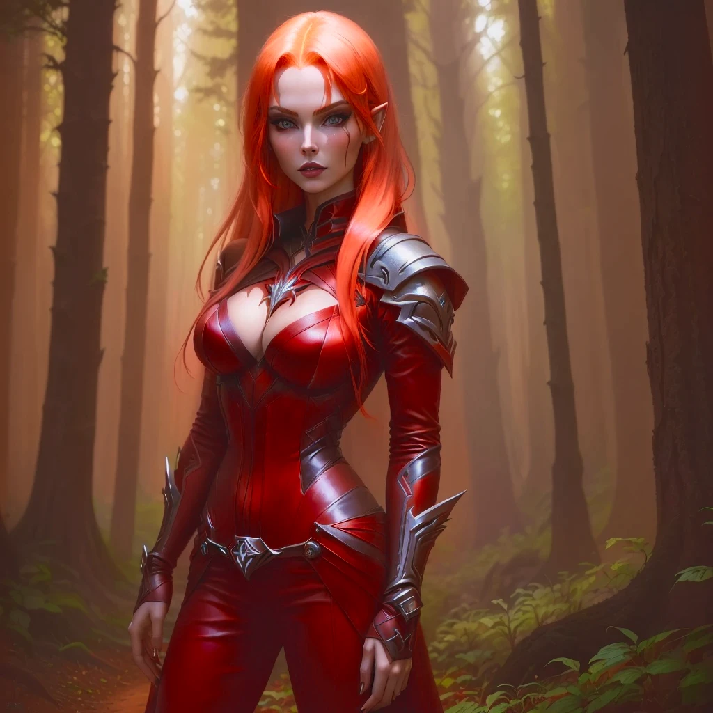 arafed woman with red hair and red hair in a forest, portrait of a female warlock, deviantart artstation cgscosiety, steven artgerm lau, artgerm julie bell beeple, alexandra fomina artstation, stanley artgerm lau, trendin on artstation, female mage, very beautiful leather top model