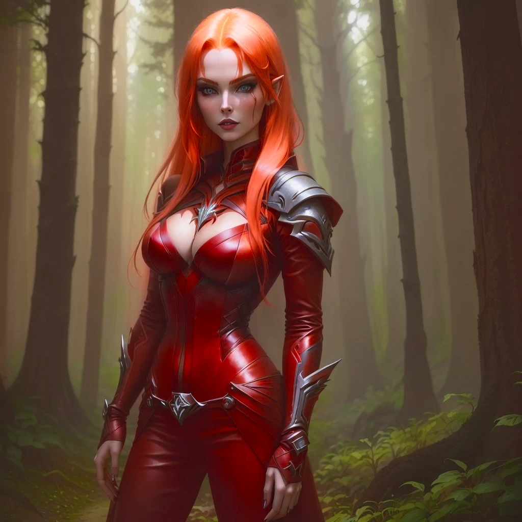 arafed woman with red hair and red hair in a forest, portrait of a female warlock, deviantart artstation cgscosiety, steven artgerm lau, artgerm julie bell beeple, alexandra fomina artstation, stanley artgerm lau, trendin on artstation, female mage, very beautiful leather top model