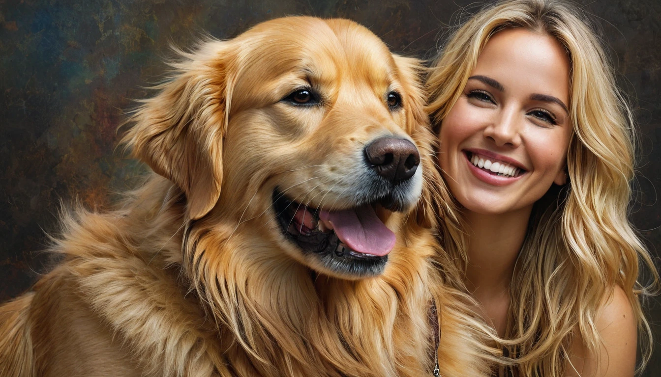 half  body,
a woman smile  with her best friend her Golden retriever dog,
dark complex background, style by Thomas Kinkade+David A. Hardy+Carne Griffiths+Mandy Disher half vivid colors fine art, best quality, high detailed, detailed faces, 2d,