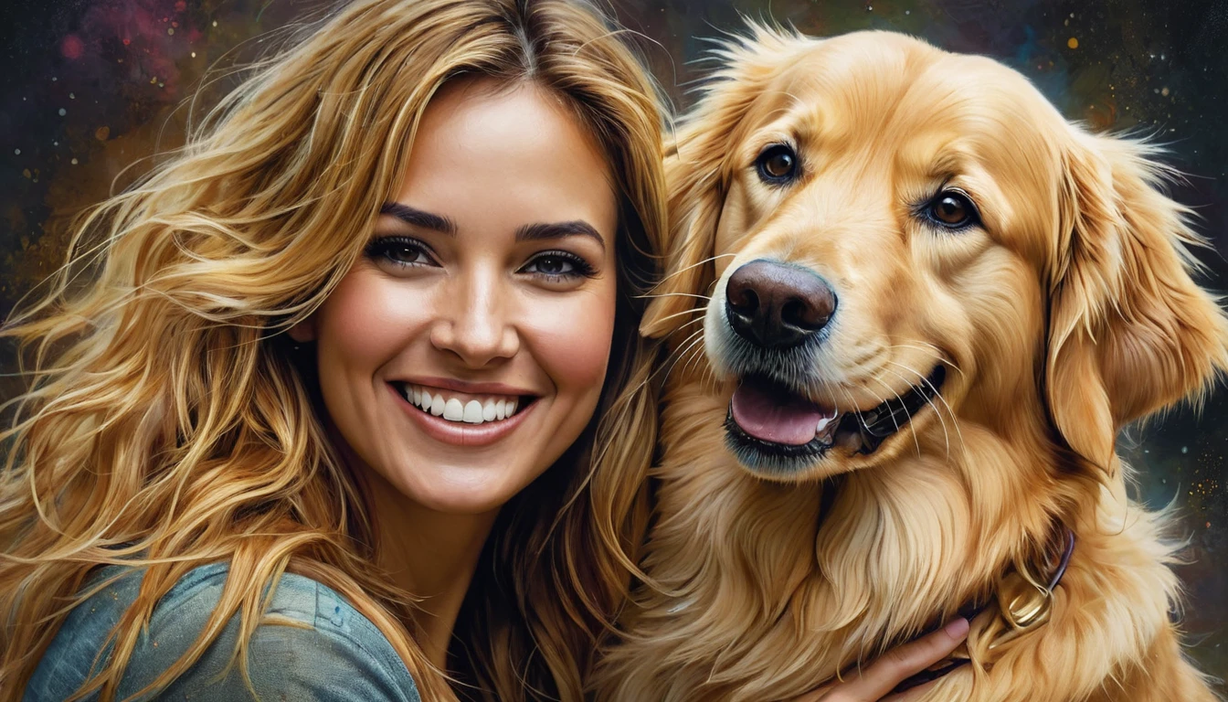 half  body,
a woman smile  with her best friend her Golden retriever dog,
dark complex background, style by Thomas Kinkade+David A. Hardy+Carne Griffiths+Mandy Disher half vivid colors fine art, best quality, high detailed, detailed faces, 2d,