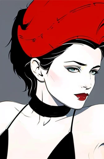 (Masterpiece Art:1.1), (Best Quality), Woman with WHITE GLAMOROUS dress and lipstick, WIDE BRIMMED BLACK HAT, LADY DIMITRISCU, PALE, greybackground, Art style by Patrick Nagel, Beautiful, highly detailed painting, (highly detailed slopes), (Detailed face), (Detailed eyes:1.1), (Perfect breasts), modelshoot, Professional Photography, Official art, Synth Wave, androgyny, 8K, hard disk, High quality, awardwinning, SHORTHAIR,