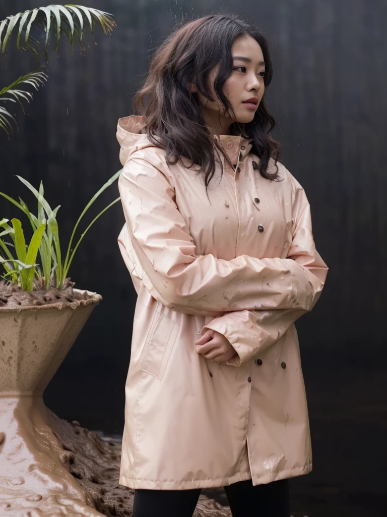 a beautiful young asian woman wearing a pink buttoned raincoat, her clothes and raincoat covered in mud, walking through a muddy field, (best quality,4k,8k,highres,masterpiece:1.2),ultra-detailed,(realistic,photorealistic,photo-realistic:1.37),HDR,UHD,studio lighting,ultra-fine painting,sharp focus,physically-based rendering,extreme detail description,professional,vivid colors,bokeh,portrait,realistic,photographic,natural lighting,muddy environment,rainy day