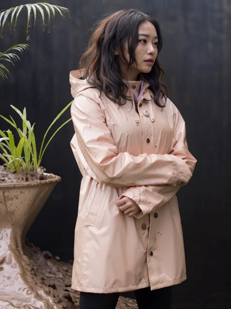 a beautiful young asian woman wearing a pink buttoned raincoat, her clothes and raincoat covered in mud, walking through a muddy field, (best quality,4k,8k,highres,masterpiece:1.2),ultra-detailed,(realistic,photorealistic,photo-realistic:1.37),HDR,UHD,studio lighting,ultra-fine painting,sharp focus,physically-based rendering,extreme detail description,professional,vivid colors,bokeh,portrait,realistic,photographic,natural lighting,muddy environment,rainy day