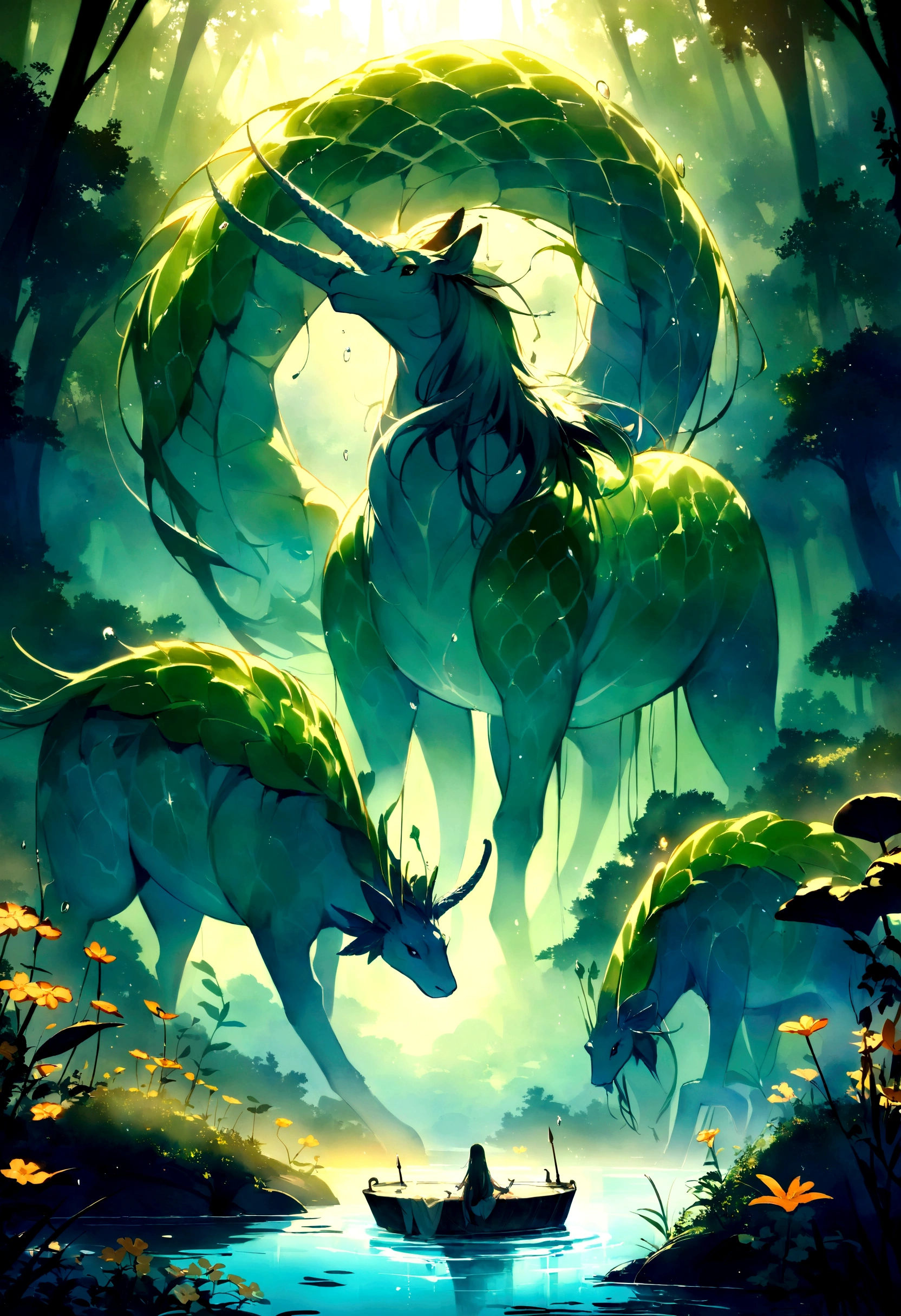 A vast and mysterious lake deep in a magical forest, bathed in the soft light of dawn. in the center of the lake, an imposing aquatic creature emerges: a hippocampus with shiny scales and manes made of glistening algae. On the banks of the lake, luminous fairies dance over giant flowers and centaurs guard the forest, with their golden spears and watchful looks. The atmosphere is charming and serene, with a morning mist that creates an aura of mystery and fantasy