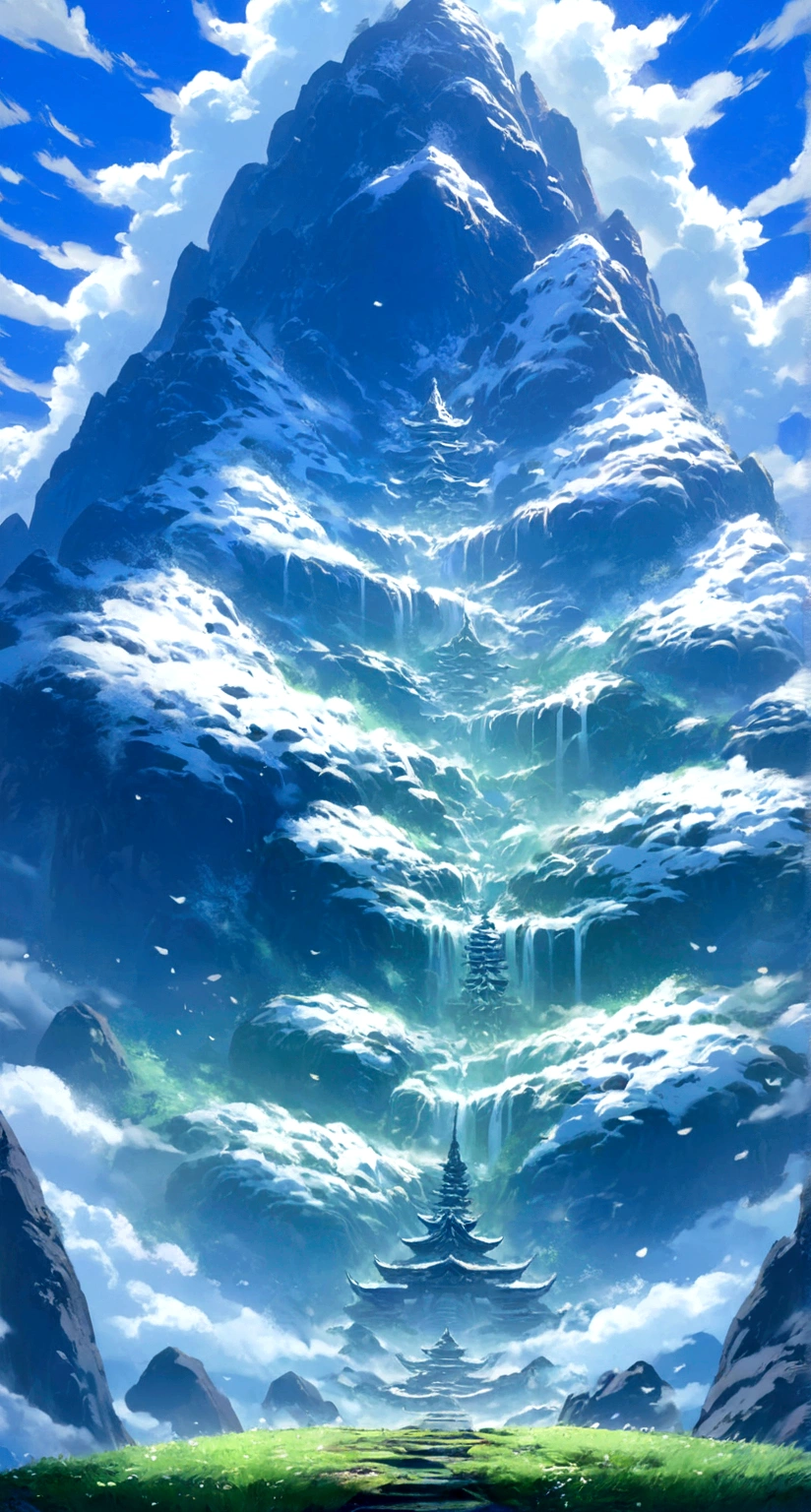 A sacred mountain,Blue, green and white,Fall,landscape,The back of the warrior,Anime style