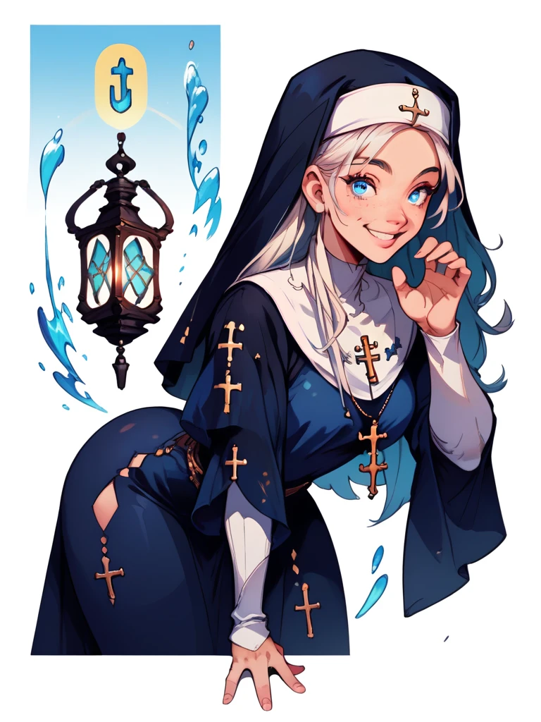score_9, score_8_up, score_7_up, score_6_up, 1girl, nun, white long hair, blue eyes, big breast, lantern, leaning forward, cute pose, small breasts, thick thighs, smile, looking at viewer, cute, simple white background, dynamic pose, sexy, splash art, concept art, character design, character reference sheet, multiple views, full body, upper body
CharacterDesignXL
