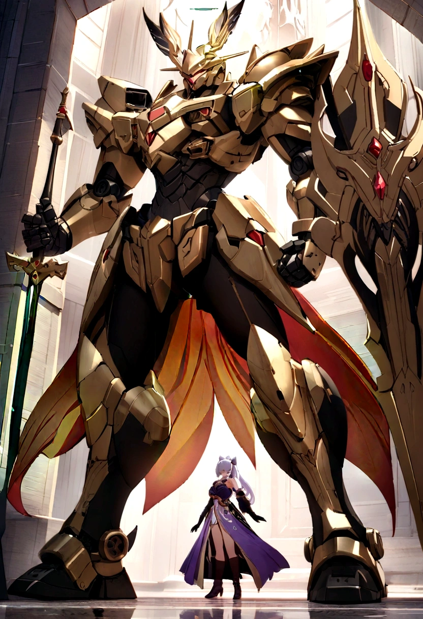 anime style statue of a female knight with sword and shield, best 4k konachan anime wallpaper, epic anime art, Detailed art from the main anime, a large anime mecha robot, inspired by Krenz Cushart, krenz cushart and artem demura, giant anime mecha, Krenz Cushart e Wenjun Lin
