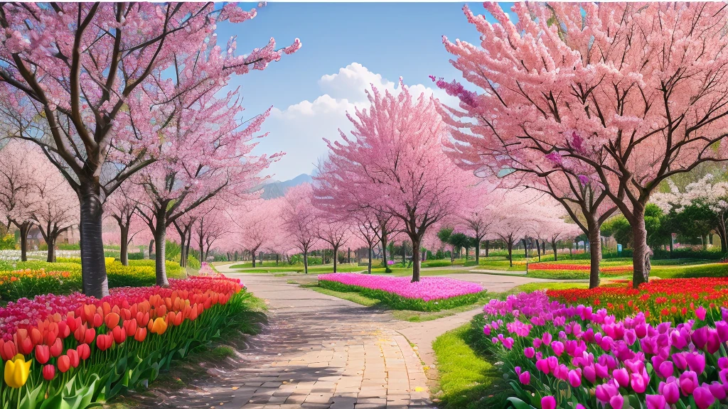 There are many parks.々Colorful tulips are blooming, The blossoming road to heaven, Scenic and colorful environment, spring blooming Flower garden, Flowers and trees, Spring season, シャッターstock, spring day, Trees and flowers, Spring colors, Beautiful Nature, ( Visually stunning, lush Trees and flowers, Spring flower, Beautiful images, Blooming tree々Details, stock, Flower garden