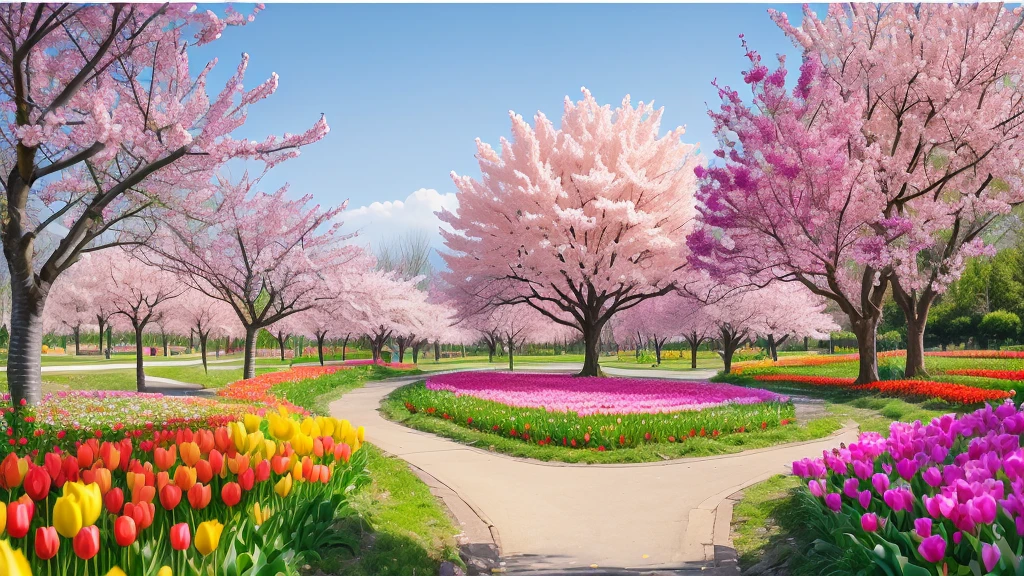 There are many parks.々Colorful tulips are blooming, The blossoming road to heaven, Scenic and colorful environment, spring blooming Flower garden, Flowers and trees, Spring season, シャッターstock, spring day, Trees and flowers, Spring colors, Beautiful Nature, ( Visually stunning, lush Trees and flowers, Spring flower, Beautiful images, Blooming tree々Details, stock, Flower garden