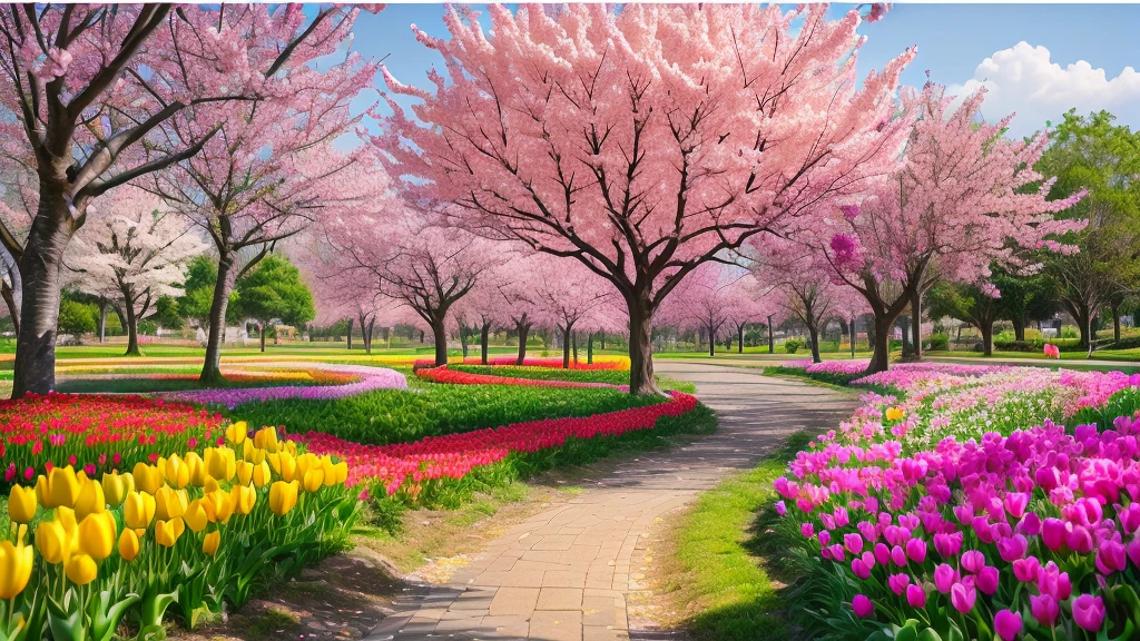 There are many parks.々Colorful tulips are blooming, The blossoming road to heaven, Scenic and colorful environment, spring blooming Flower garden, Flowers and trees, Spring season, シャッターstock, spring day, Trees and flowers, Spring colors, Beautiful Nature, ( Visually stunning, lush Trees and flowers, Spring flower, Beautiful images, Blooming tree々Details, stock, Flower garden