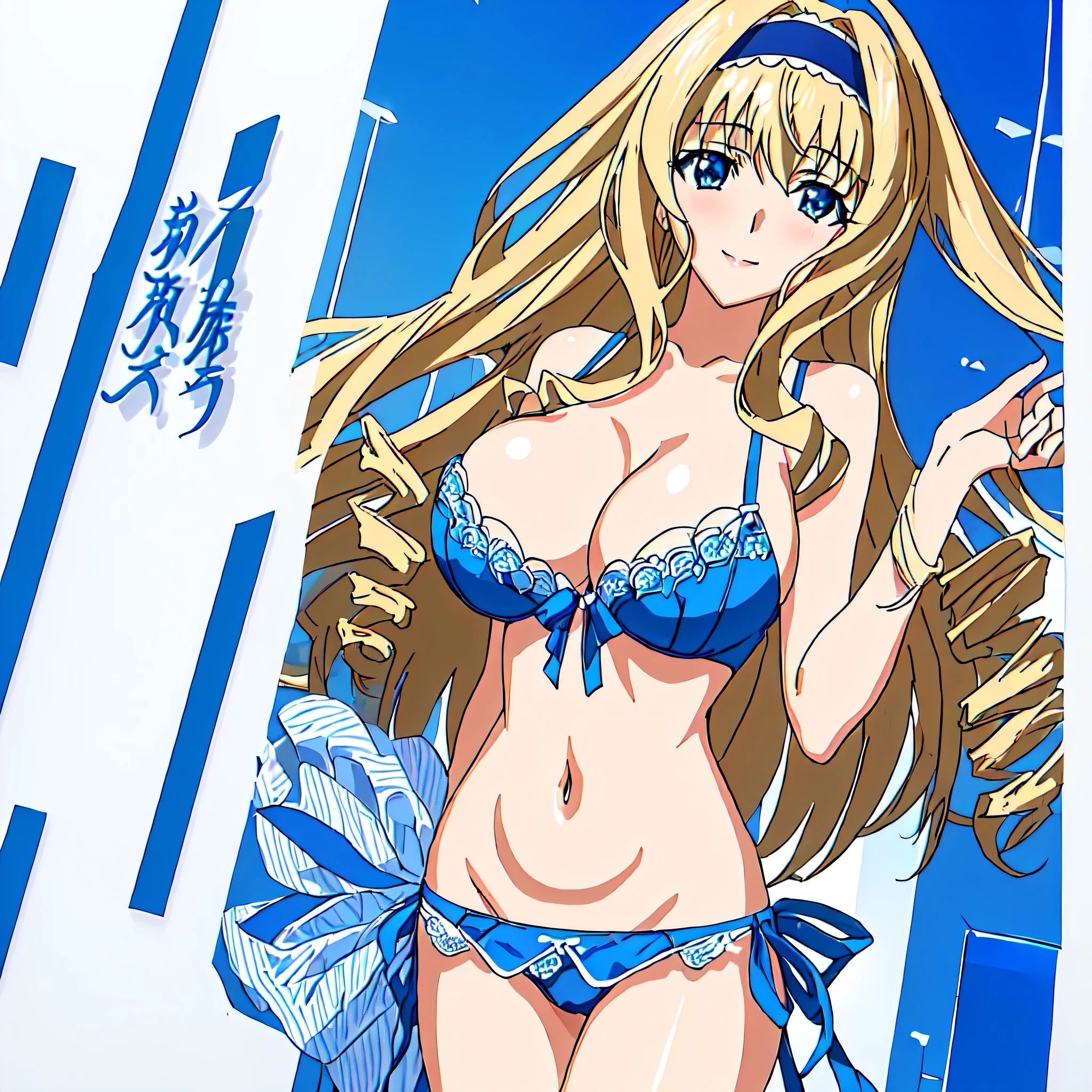 masterpiece、Highest quality、High resolution、Anime woman standing wearing a blue bra、solo、bionde、Long Hair、blue eyes、Drill Curler、Blue Hairband、Seductive anime woman、Anime Moe Art Style、blue panty、High school girls、Naughty anime style、Naughty、Big Breasts!、cleavage、A woman with very large breasts、TİTS、Big Breasts!!、Breasts covered and SFW、Toned body、Tall Woman、bra with an blue、Cowboy Shot、looking at viewer、panty with an blue、bra and panty only、High School DXD、