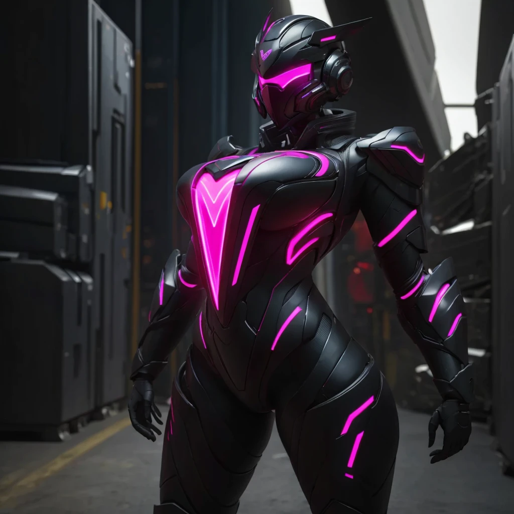 Dronificated unknown woman in a fully enclosed black latex fullbody suit with pink lights across the suit and heart shaped glowing core in the chest, fully enclosed cyber helmet that cover her whole face and hides her identity with a gundam face, huge breast, narrow waist, wide hips and thick thighs, in a storage facility, no face, no hair, no mouth, no eyes, (masterpiece), (highres) (full body)