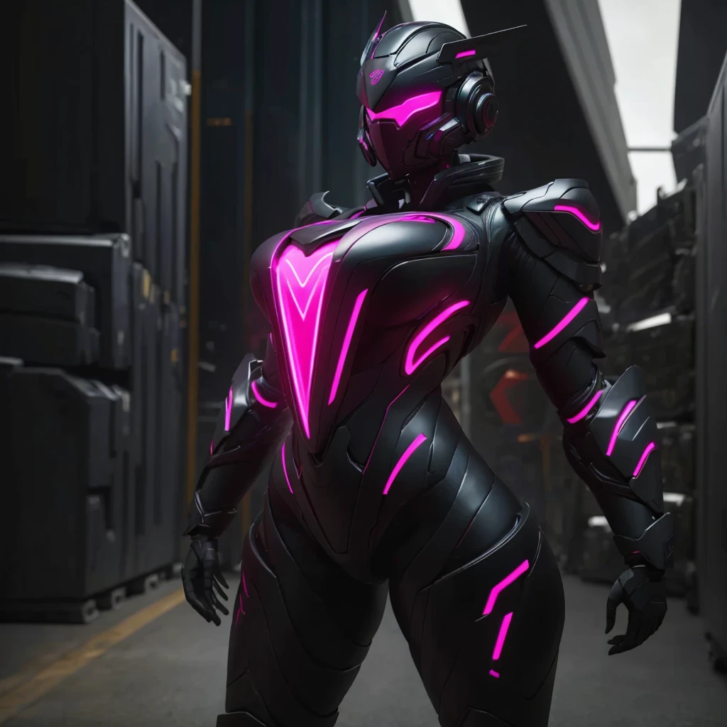 Dronificated unknown woman in a fully enclosed black latex fullbody suit with pink lights across the suit and heart shaped glowing core in the chest, fully enclosed cyber helmet that cover her whole face and hides her identity with a gundam face, huge breast, narrow waist, wide hips and thick thighs, in a storage facility, no face, no hair, no mouth, no eyes, (masterpiece), (highres) (full body)