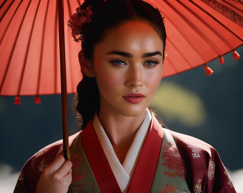 Megan_Fox,girl with umbrella , (hanfu), glowing, sidelighting, wallpaper, artwork ((sharp face, detailed face, realistic face, naturtal skin, realistic skin, detailed skin, pores, detailed eyes,realistic eyes)),, (masterpiece, best quality, ultra-detailed, best shadow), high contrast, (best illumination), ((cinematic light)), colorful, hyper detail, dramatic light, intricate details, (1 girl, solo) , ultra detailed artistic photography, dreamy, backlit, shadows, ultra high definition, 8k, ultra sharp focus, ultra high quality model, soft lighting, film photography, analogue photography, hyperrealism,