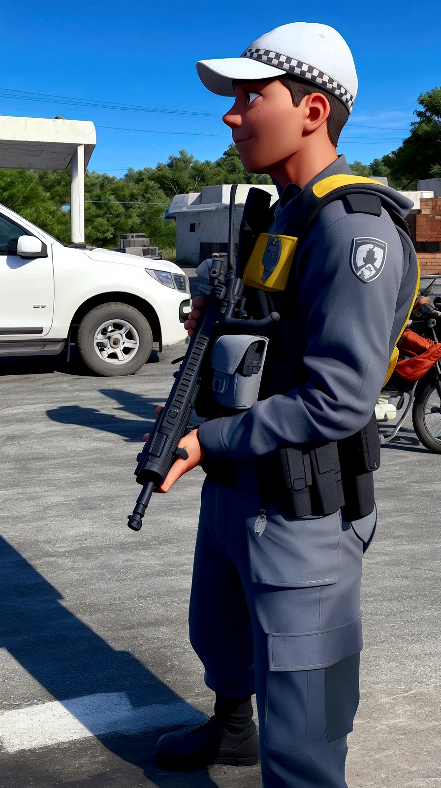 Slim man, gray uniform, white cap, gun in hand, transparent image background