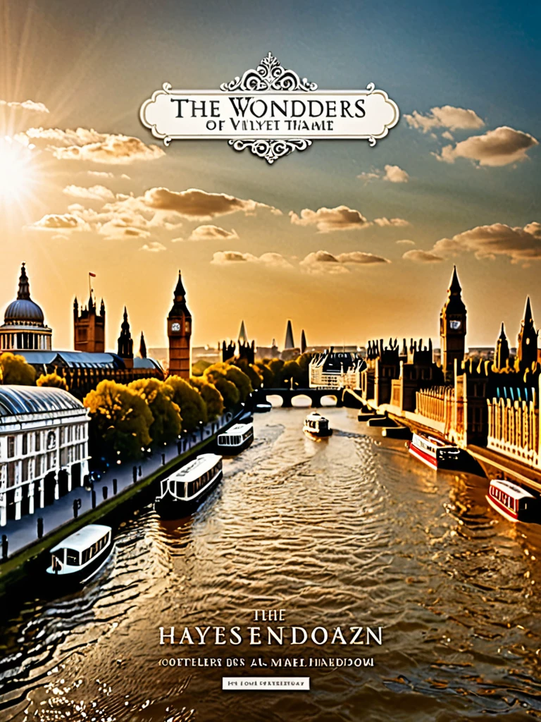 Design a captivating poster for "The Wonders of Vilayet" by Iʻtiṣām al-Dīn, depicting 18th-century London through the eyes of an Eastern traveler. Center the poster on a panoramic view of London’s iconic skyline, including the Tower of London, St. Paul’s Cathedral, and the bustling Thames River. Frame this with intricate illustrations of brick buildings and stone churches. Highlight the vibrant public life with scenes from Haymarket Bazaar and the British Museum, and showcase urban infrastructure like stone-paved streets and well-lit shops. Include lush gardens and scholarly interactions to capture the city’s rich cultural and intellectual environment. Use a sepia-toned palette and a blend of traditional and modern design elements to evoke a timeless historical ambiance. Add the title and author’s name in elegant fonts at the top, with a tagline and brief description at the bottom to entice viewers into exploring the marvels of 18th-century London.