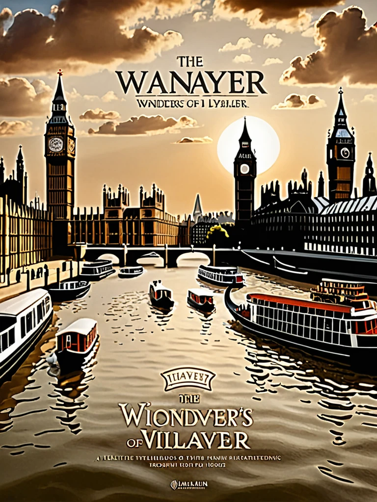 Design a captivating poster for "The Wonders of Vilayet" by Iʻtiṣām al-Dīn, depicting 18th-century London through the eyes of an Eastern traveler. Center the poster on a panoramic view of London’s iconic skyline, including the Tower of London, St. Paul’s Cathedral, and the bustling Thames River. Frame this with intricate illustrations of brick buildings and stone churches. Highlight the vibrant public life with scenes from Haymarket Bazaar and the British Museum, and showcase urban infrastructure like stone-paved streets and well-lit shops. Include lush gardens and scholarly interactions to capture the city’s rich cultural and intellectual environment. Use a sepia-toned palette and a blend of traditional and modern design elements to evoke a timeless historical ambiance. Add the title and author’s name in elegant fonts at the top, with a tagline and brief description at the bottom to entice viewers into exploring the marvels of 18th-century London.