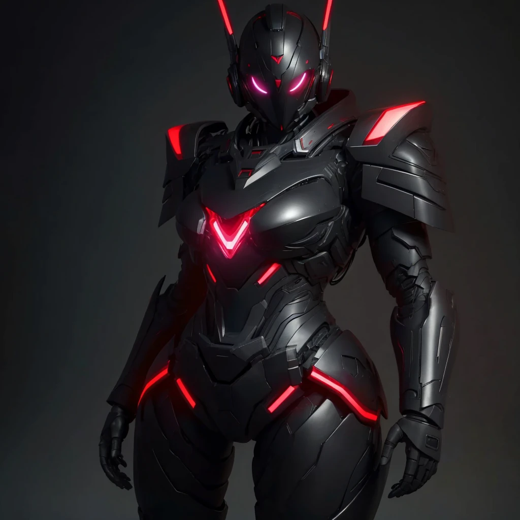 Dronificated unknown woman in a fully enclosed black latex fullbody heavy armor with red lights across the suit and heart shaped glowing core in the chest, fully enclosed cyber helmet that cover her whole face and hides her identity with a gundam face, huge breast, narrow waist, wide hips and thick thighs, in a storage facility, no face, no hair, no mouth, no eyes, (masterpiece), (highres) (full body)