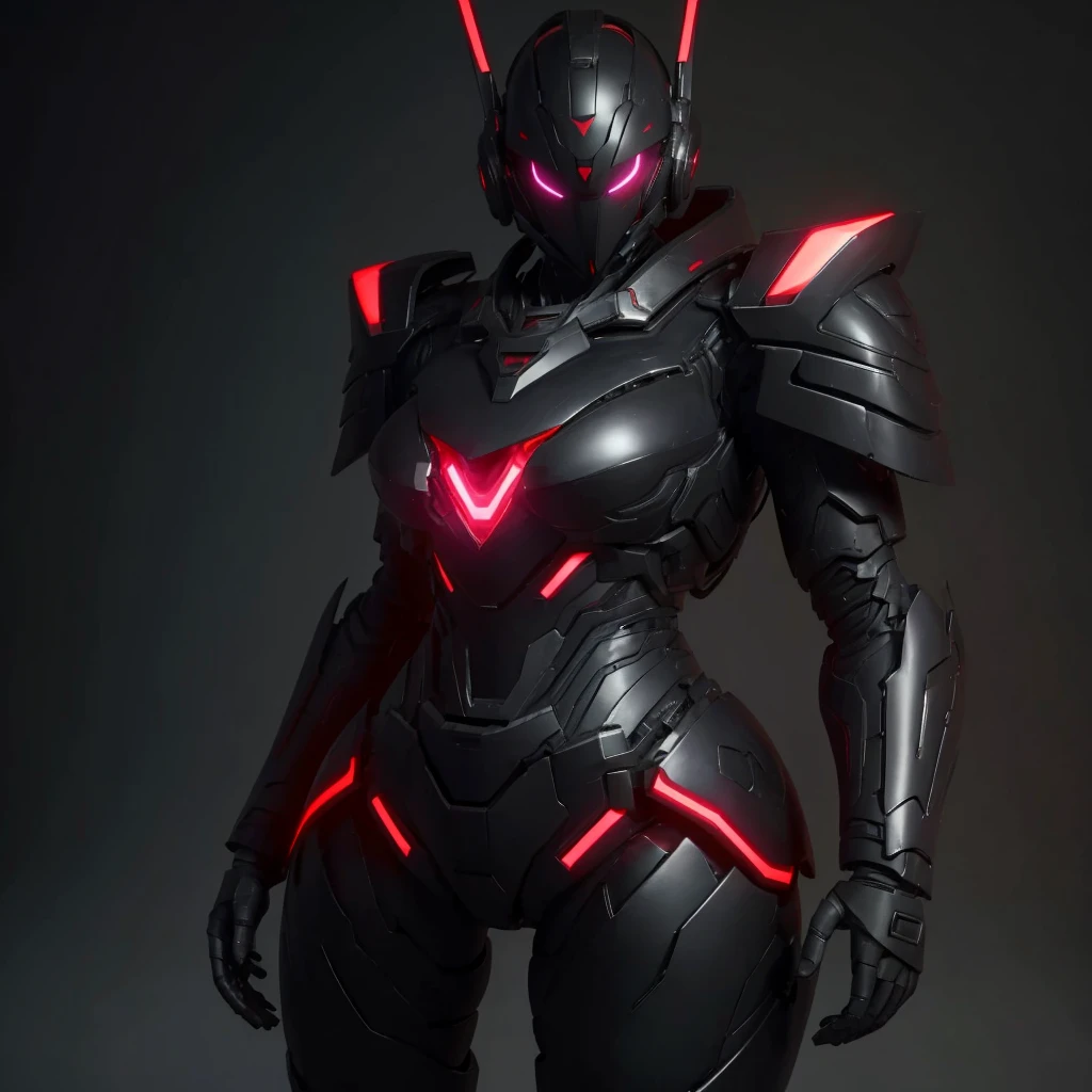 Dronificated unknown woman in a fully enclosed black latex fullbody heavy armor with red lights across the suit and heart shaped glowing core in the chest, fully enclosed cyber helmet that cover her whole face and hides her identity with a gundam face, huge breast, narrow waist, wide hips and thick thighs, in a storage facility, no face, no hair, no mouth, no eyes, (masterpiece), (highres) (full body)