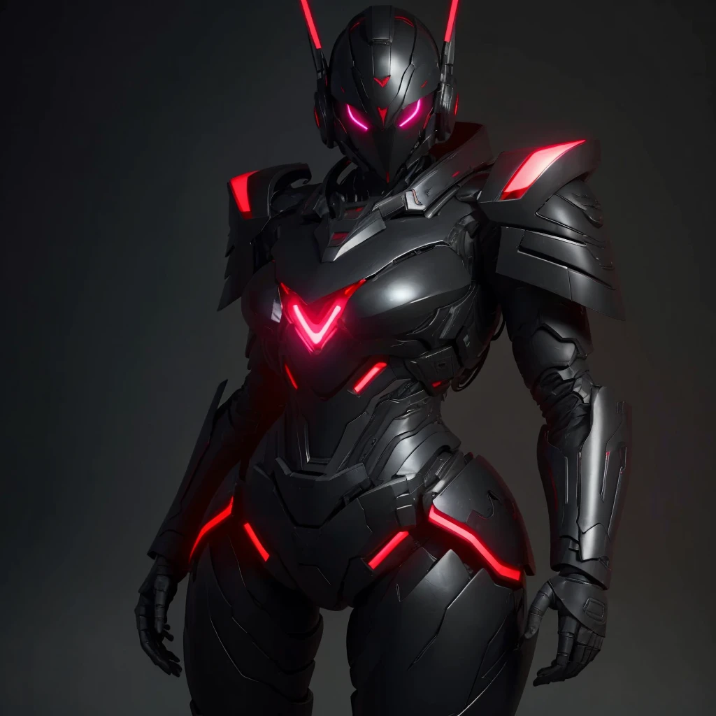 Dronificated unknown woman in a fully enclosed black latex fullbody heavy armor with red lights across the suit and heart shaped glowing core in the chest, fully enclosed cyber helmet that cover her whole face and hides her identity with a gundam face, huge breast, narrow waist, wide hips and thick thighs, in a storage facility, no face, no hair, no mouth, no eyes, (masterpiece), (highres) (full body)