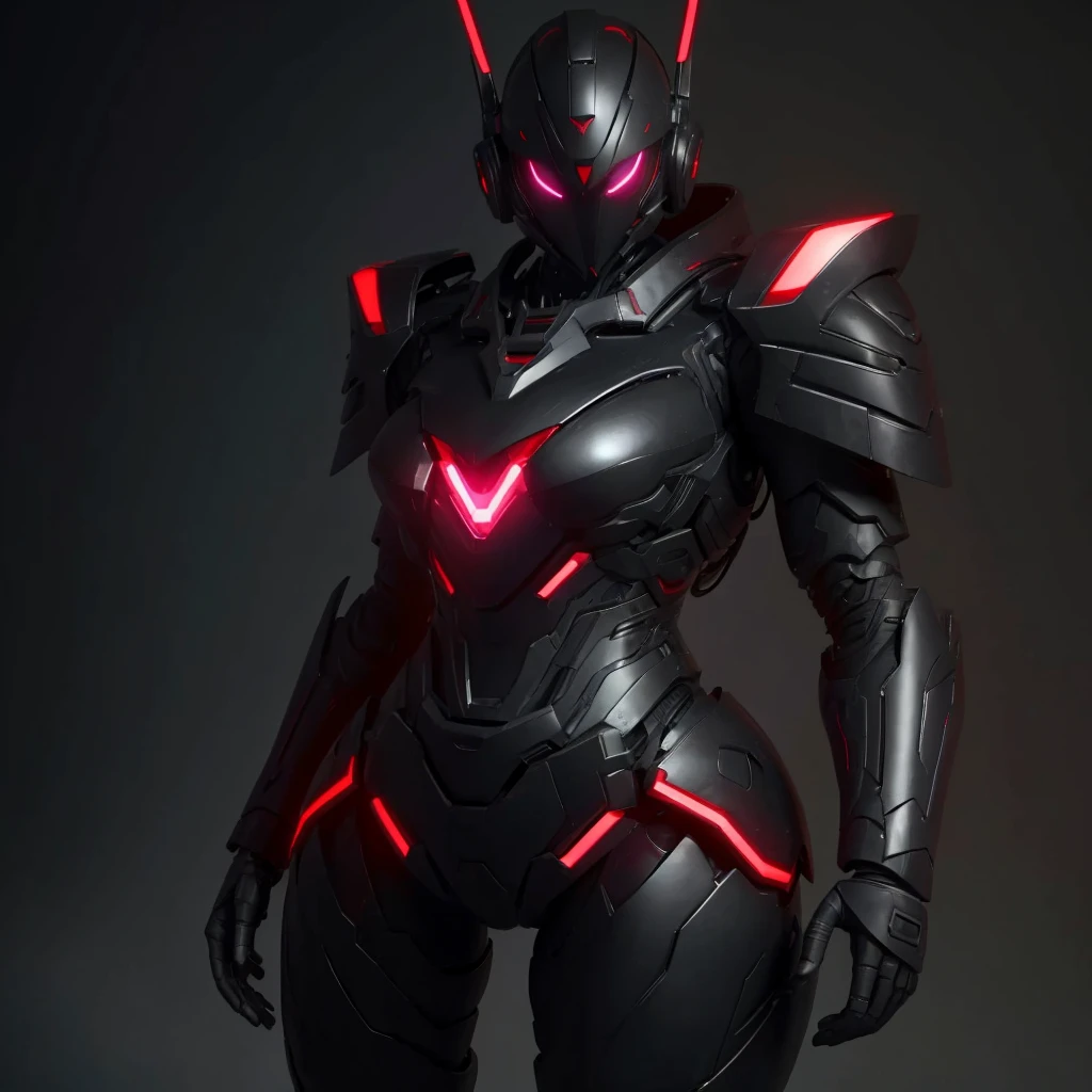 Dronificated unknown woman in a fully enclosed black latex fullbody heavy armor with red lights across the suit and heart shaped glowing core in the chest, fully enclosed cyber helmet that cover her whole face and hides her identity with a gundam face, huge breast, narrow waist, wide hips and thick thighs, in a storage facility, no face, no hair, no mouth, no eyes, (masterpiece), (highres) (full body)