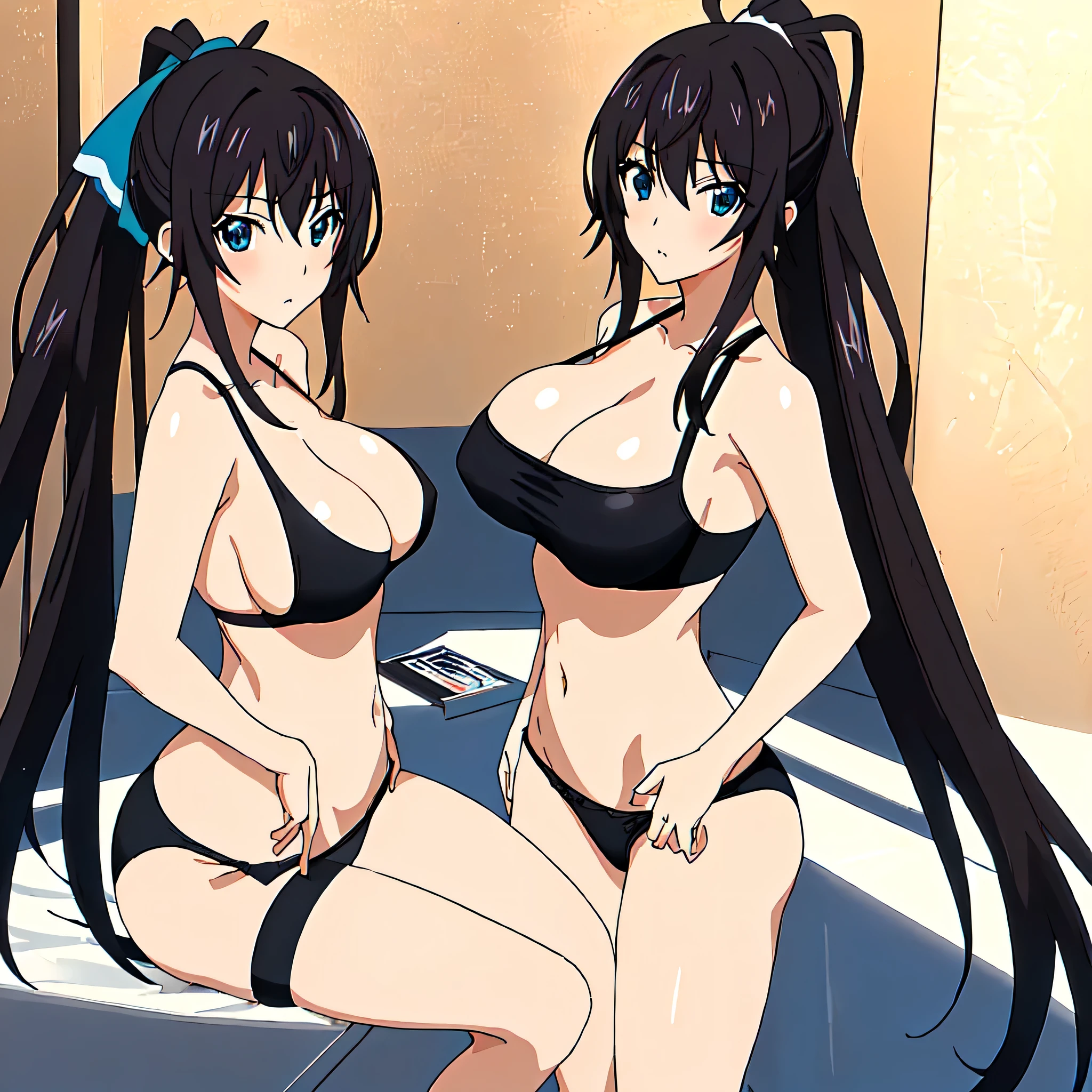 masterpiece、Highest quality、High resolution、1woman、Animated woman standing wearing a black sports bra、solo、Black Hair、Long Hair、blue eyes、ponytail、white hair bow、Seductive anime woman、Anime Moe Art Style、black panty、High school girls、Naughty anime style、Naughty、Big Breasts!、cleavage、A woman with very large breasts、TİTS、Big Breasts!!、Breasts covered and SFW、Toned body、Tall Woman、sports bra with an black、Cowboy Shot、looking at viewer、panty with an black、sports bra and panty only、High School DXD、