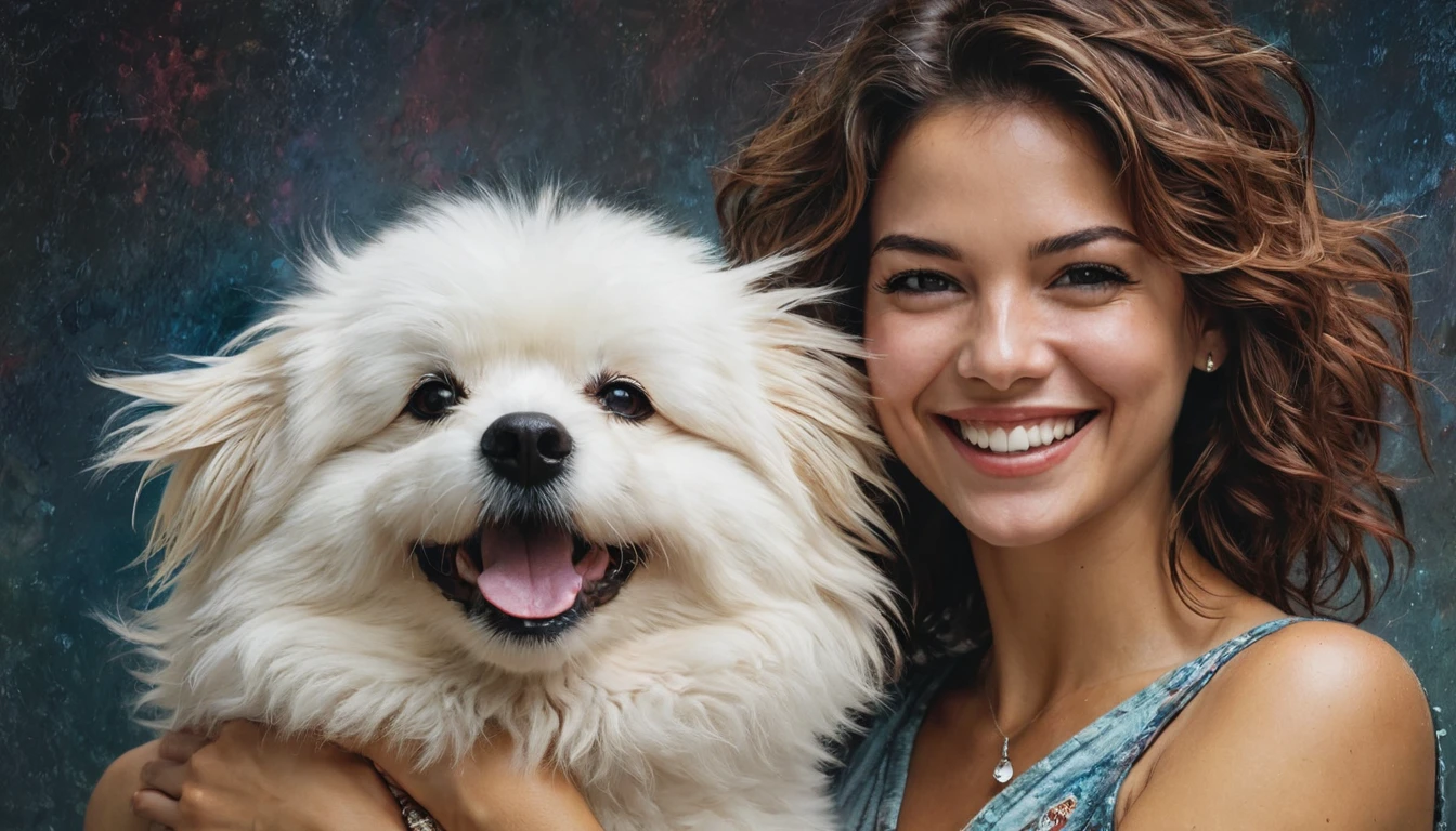 half body,
a woman smile with her best friend her Bichón maltés,
dark complex background, style by Thomas Kinkade+David A. Hardy+Carne Griffiths+Mandy Disher half vivid colors fine art, best quality, high detailed, detailed faces, 2d,